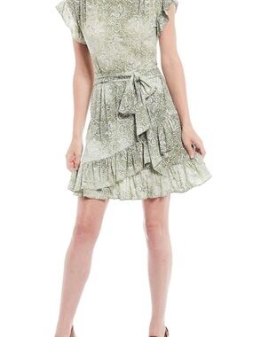 Michael Kors Paisley Print Safe Green Jersey Ruffle Faux Wrap Dress